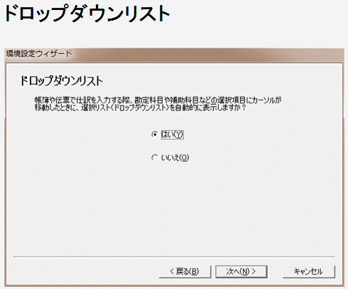 益子会計「弥生会計塾」弥生会計の環境設定ウィザード、ドロップダウンリストの設定